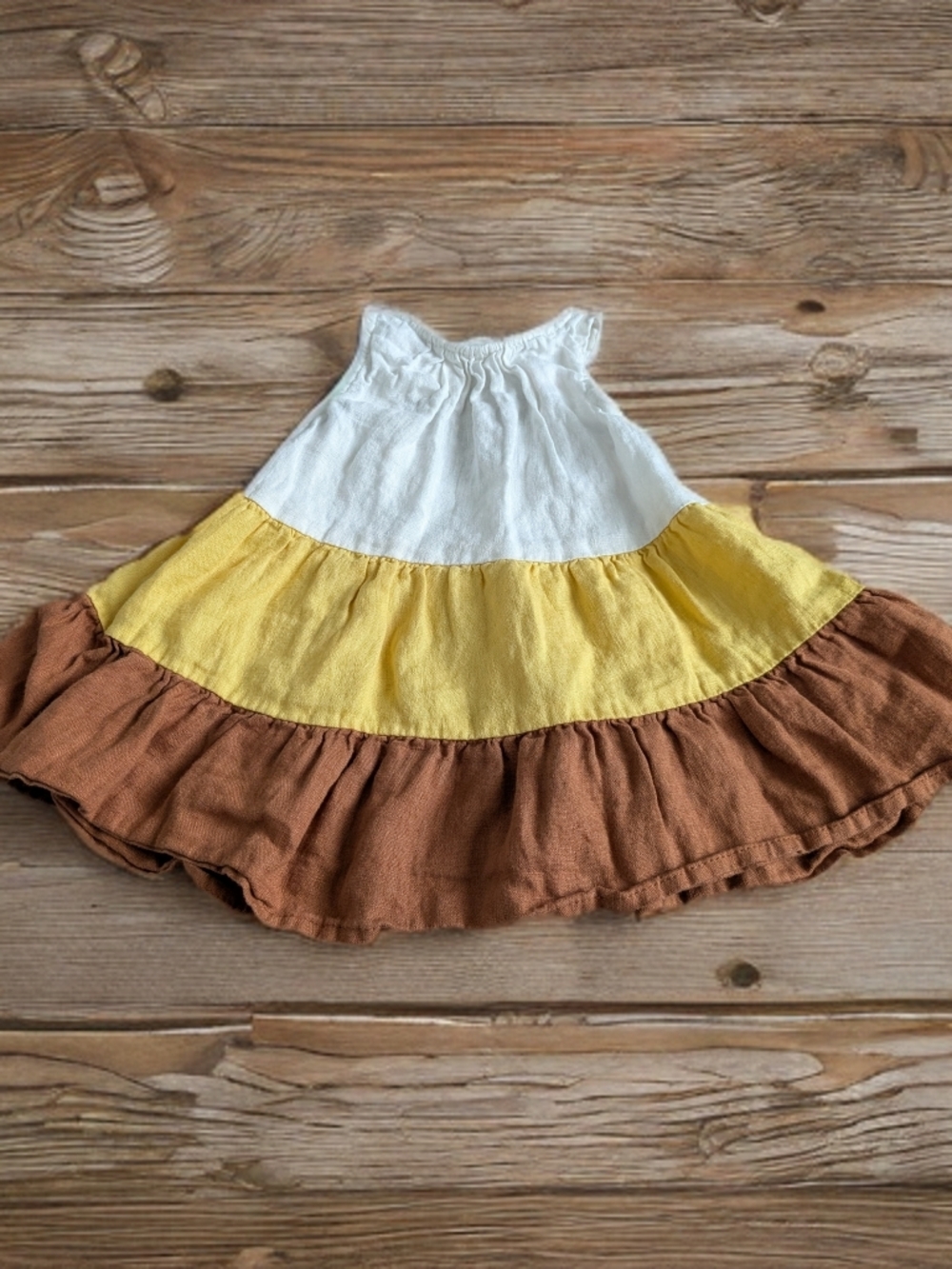 Zara White Cotton Tiered  Linen Dress with Yellow & Brown Panels